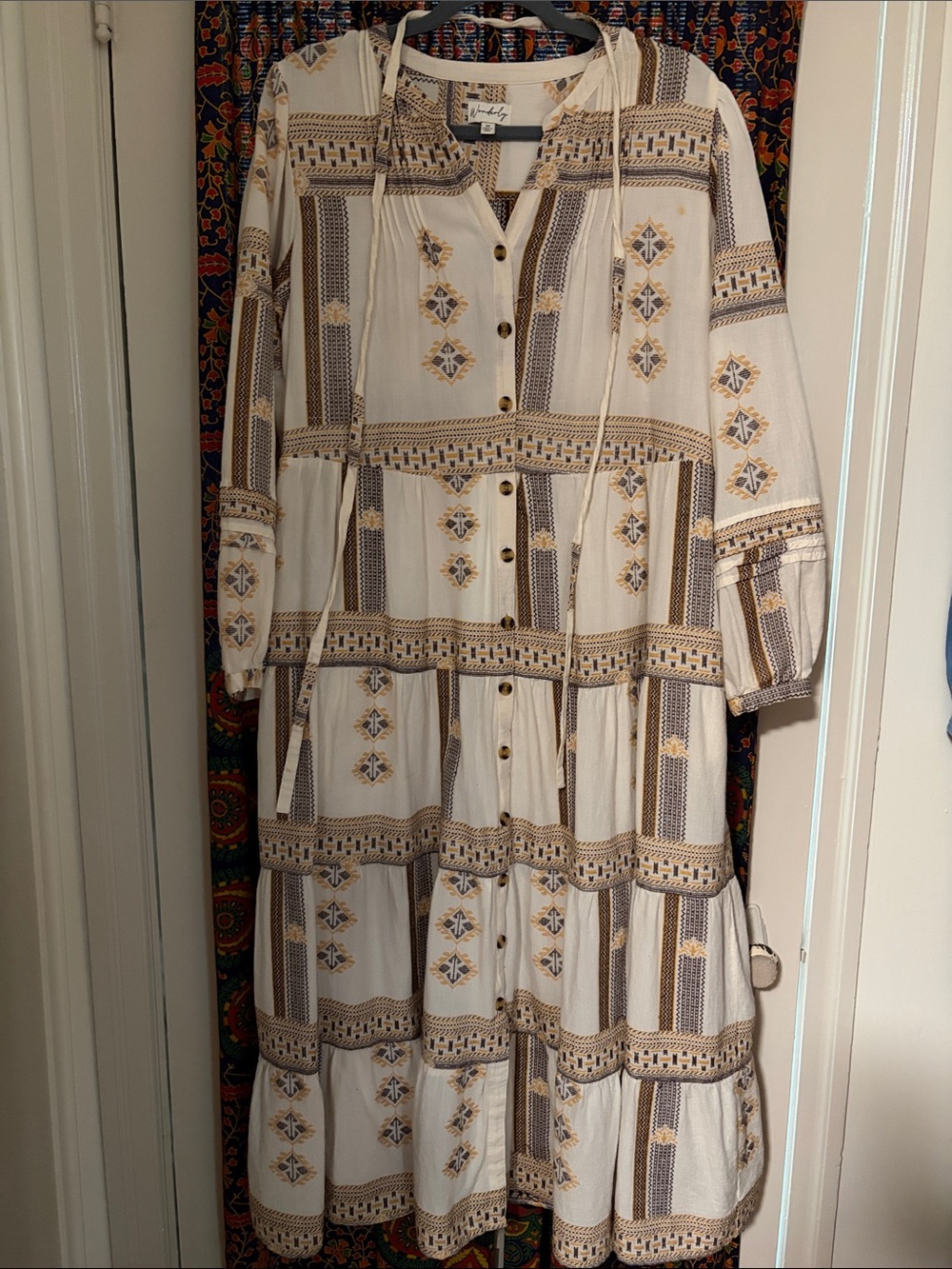 Wonderly Cream Maxi Dress with Brown and Gold Geo Print